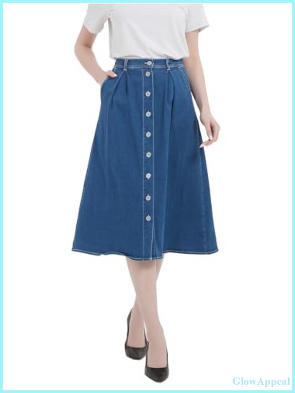 Women's A-Line Long Midi Denim Skirt with Button Front, Cotton Stretch